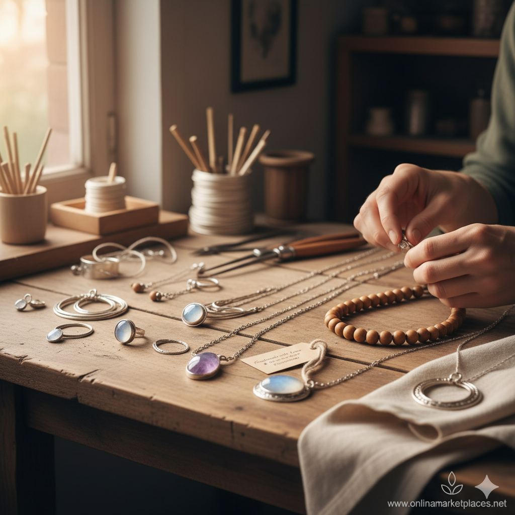 A person's hands crafting a piece of ethical, handmade jewelry on a workbench with tools and other finished jewelry pieces.
